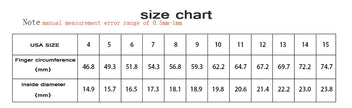 Size chart for USA sizes with finger circumference and inside diameter measurements.