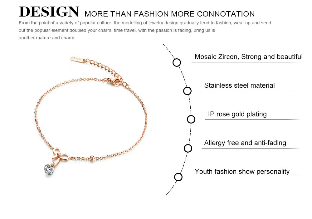 Rose gold anklet with a zircon charm on a white background with text about the material and features.
