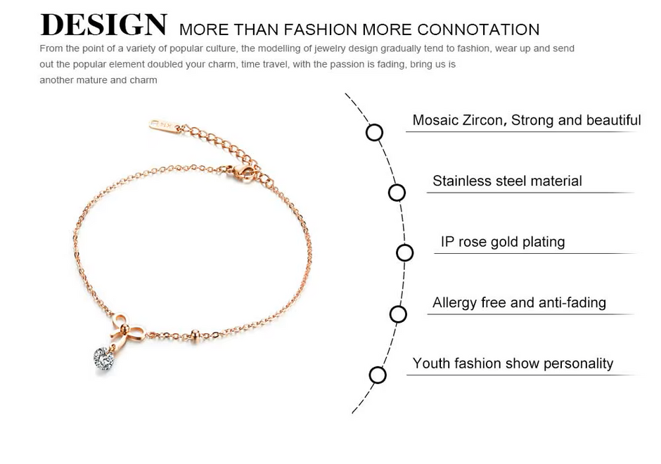 Rose gold anklet with a zircon charm on a white background with text about the material and features.