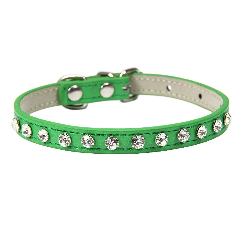 Green pet collar with rhinestones on a white background