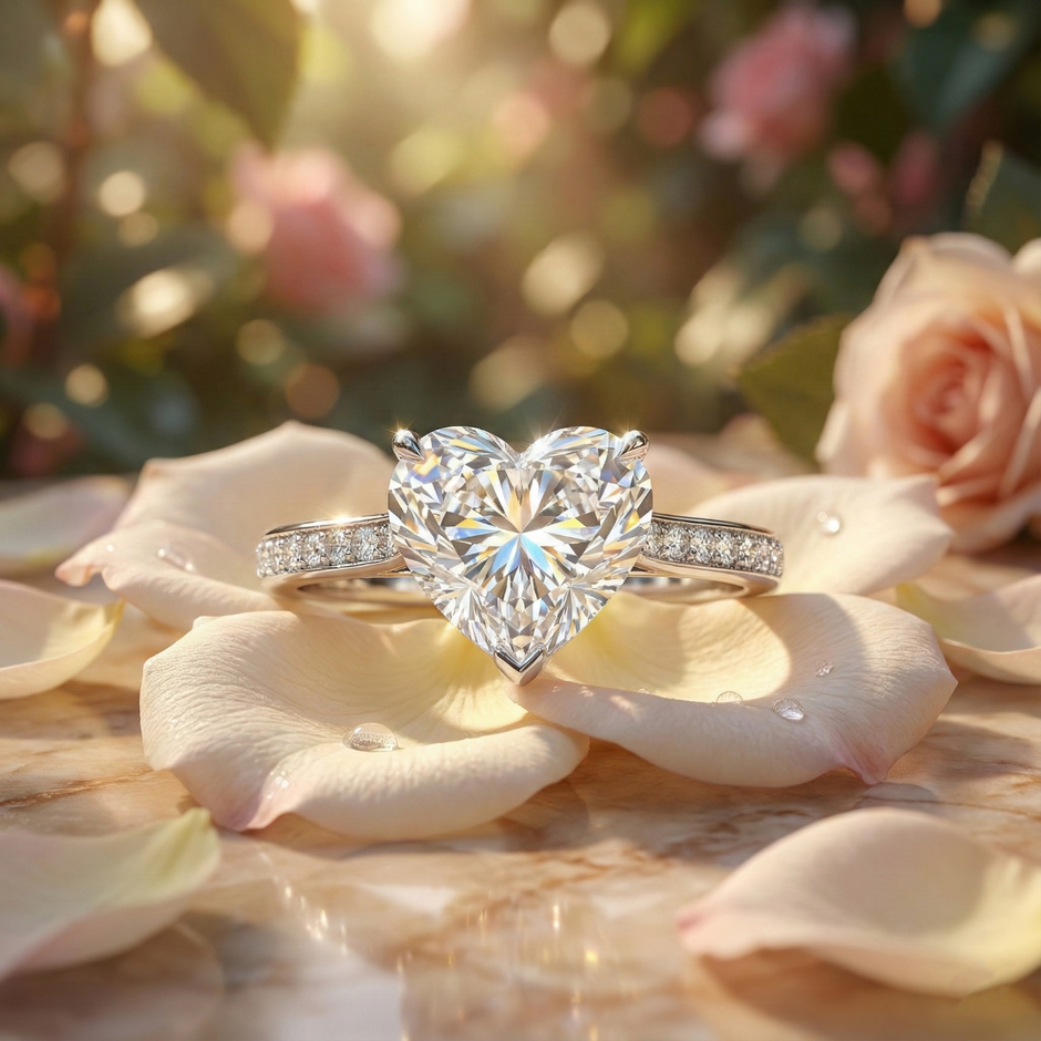 Heart-shaped Simulated  diamond ring on white petals with a blurred floral background