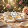 Heart-shaped Simulated  diamond ring on white petals with a blurred floral background