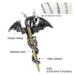 Dragon-shaped pendant with a sword, labeled with features and measurements on a white background.