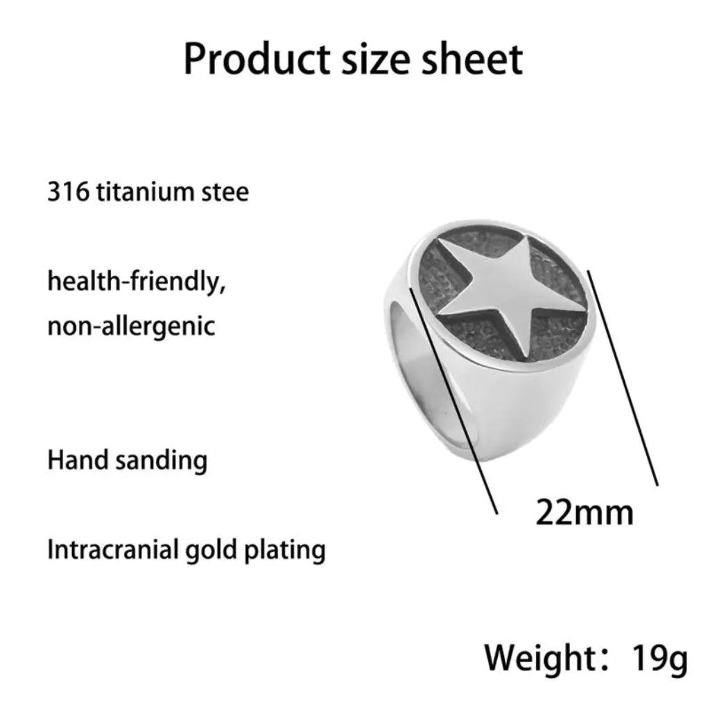 Product size sheet with a silver ring featuring a star design, labeled with material details and measurements.