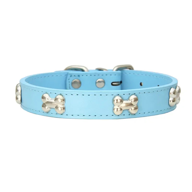 Light blue dog collar with silver bone-shaped studs on a white background