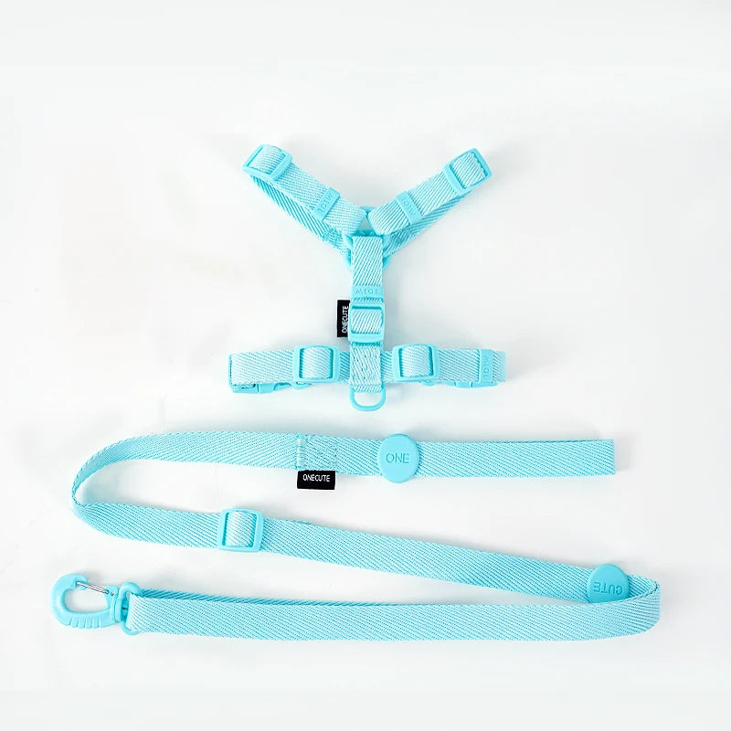 Light blue dog harness and leash set on a white background