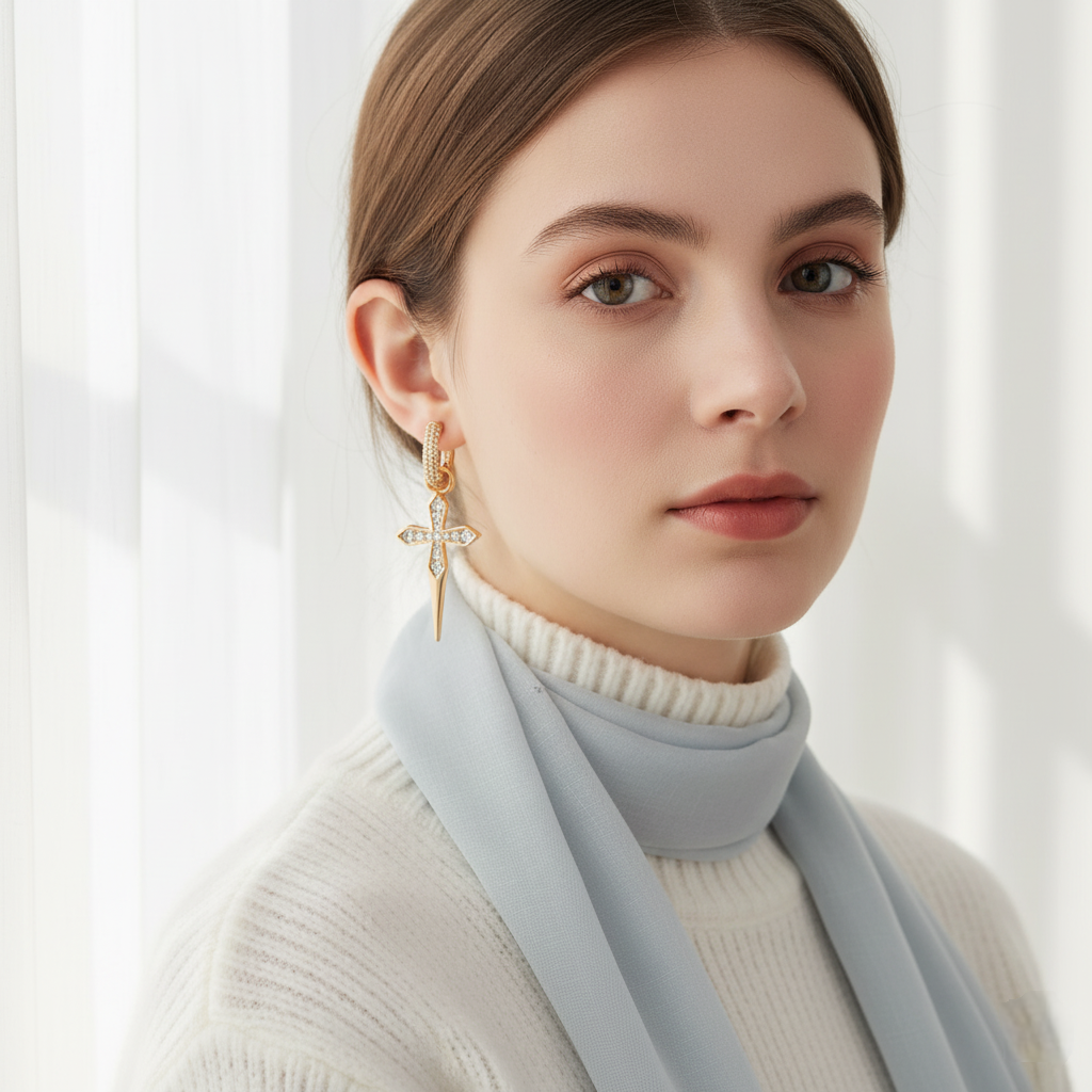 Woman wearing a Lumina Cross Drops Earrings with a white turtleneck and light gray scarf against a white background