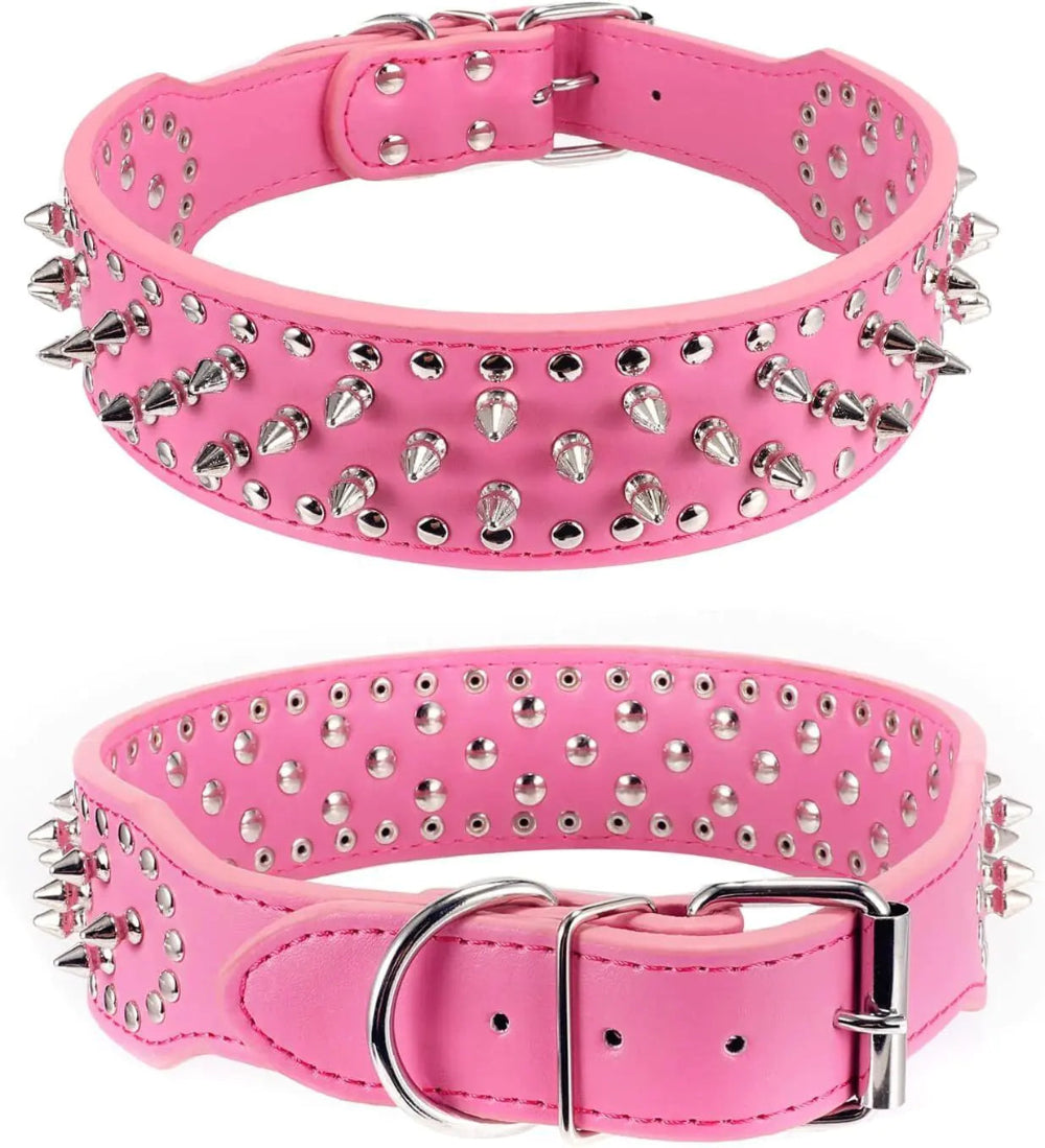 Pink dog collars with silver spikes on a white background