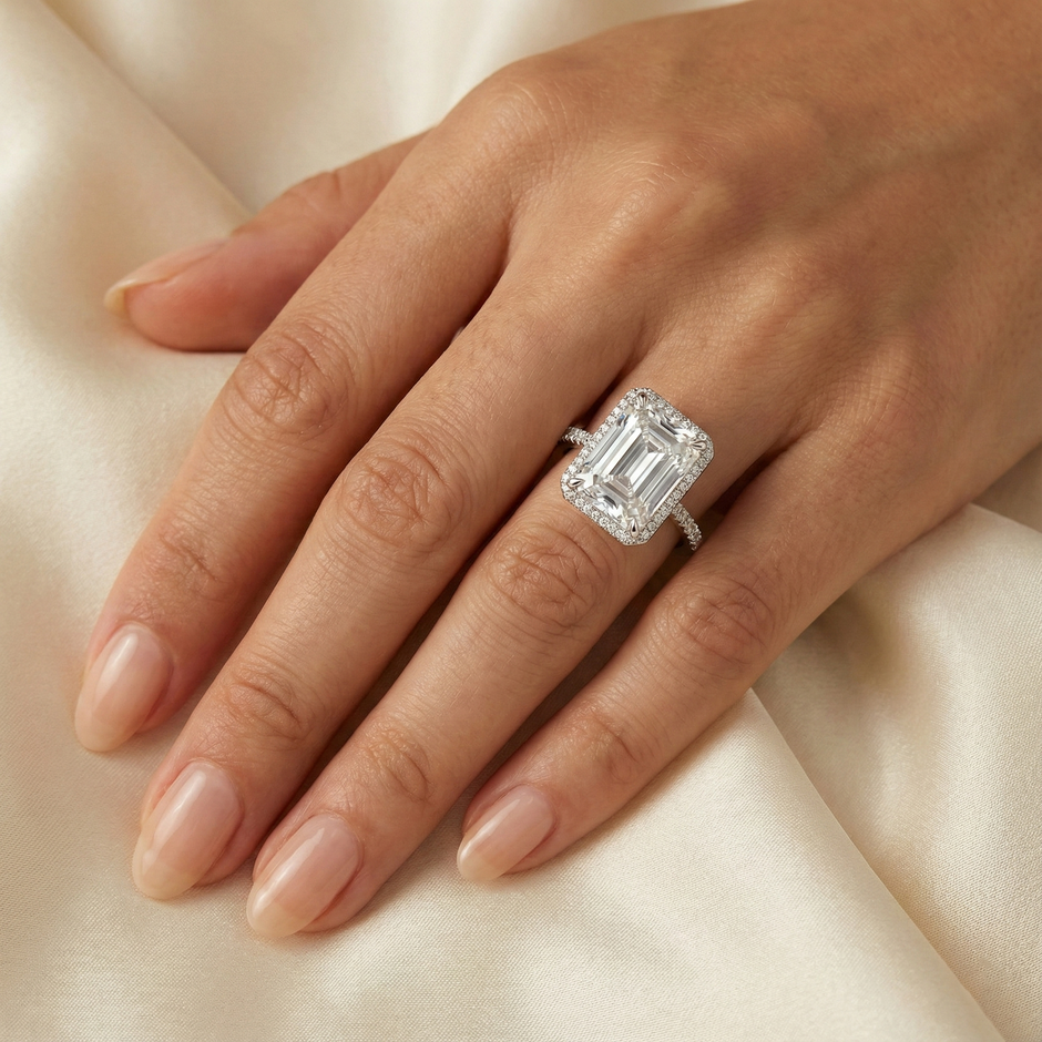 Hand wearing a MONOLITH RING - White gold hexagonal pavé statement ring with 52 zircon stones on a beige fabric background