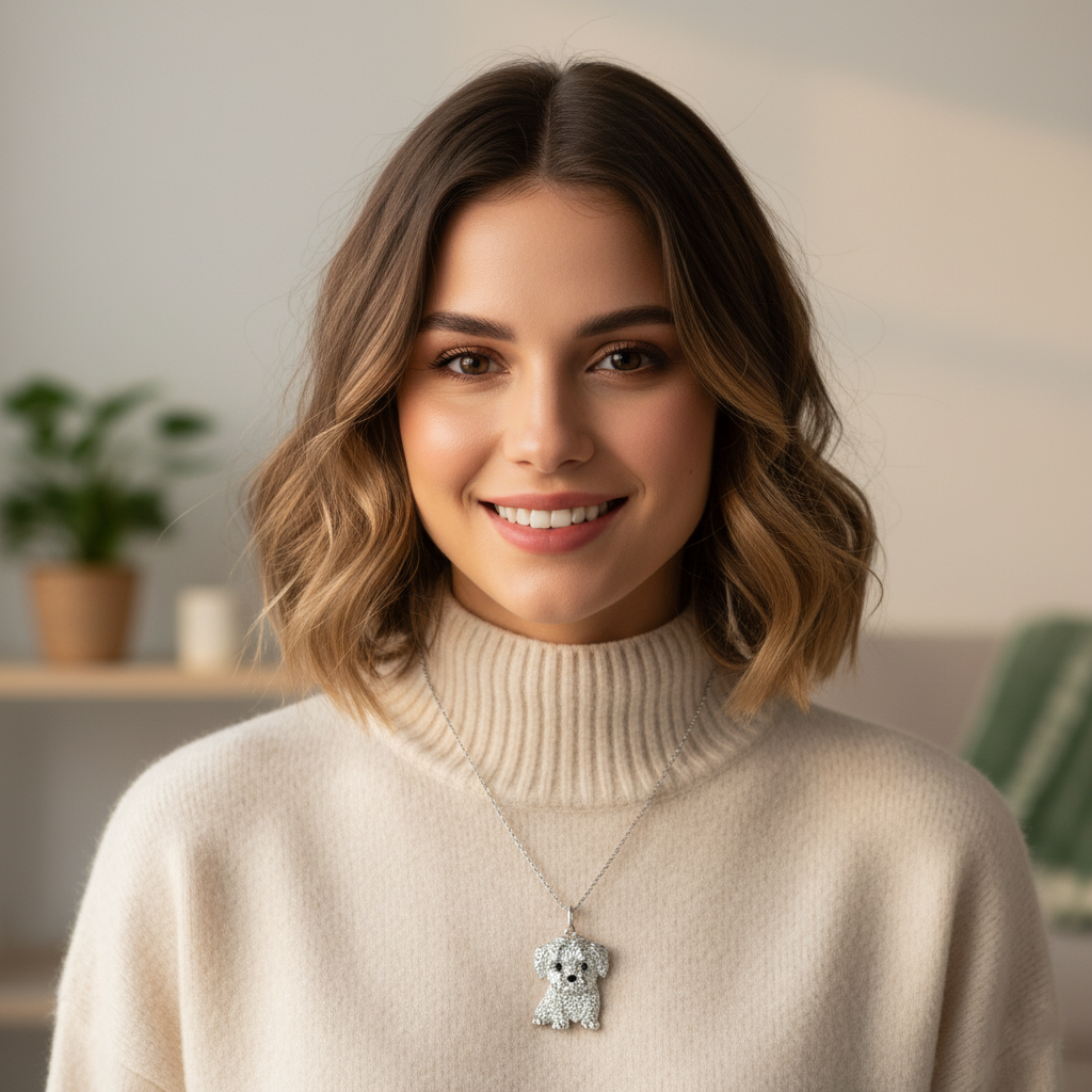 Woman wearing a beige sweater with a Maltese necklace featuring a dog pendant, standing in a cozy indoor setting.