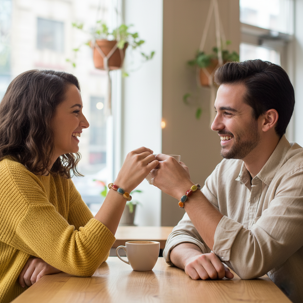 A man and a woman are sitting at a table in a cafe, wearing a Multicolored beaded bracelet 