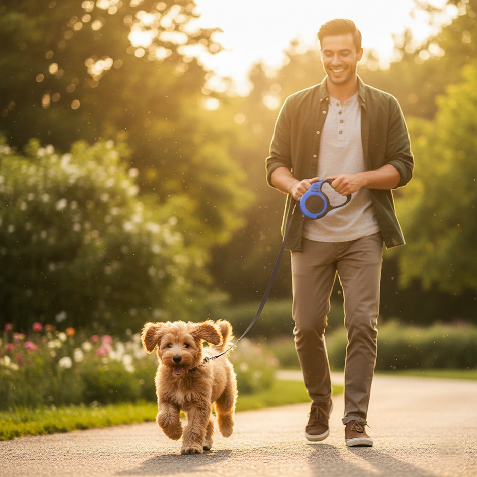Man walking a dog on a leash in a park during sunset