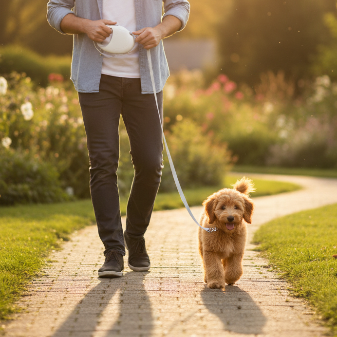 Person walking a small brown dog on a leash in a park