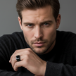 Man wearing a SteelForce Black Ring for men - 316L stainless steel band
 with a gray background