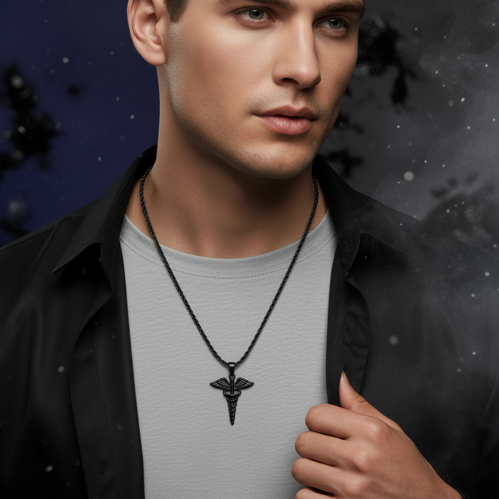 Man wearing a black necklace with a caduceus pendant against a dark background