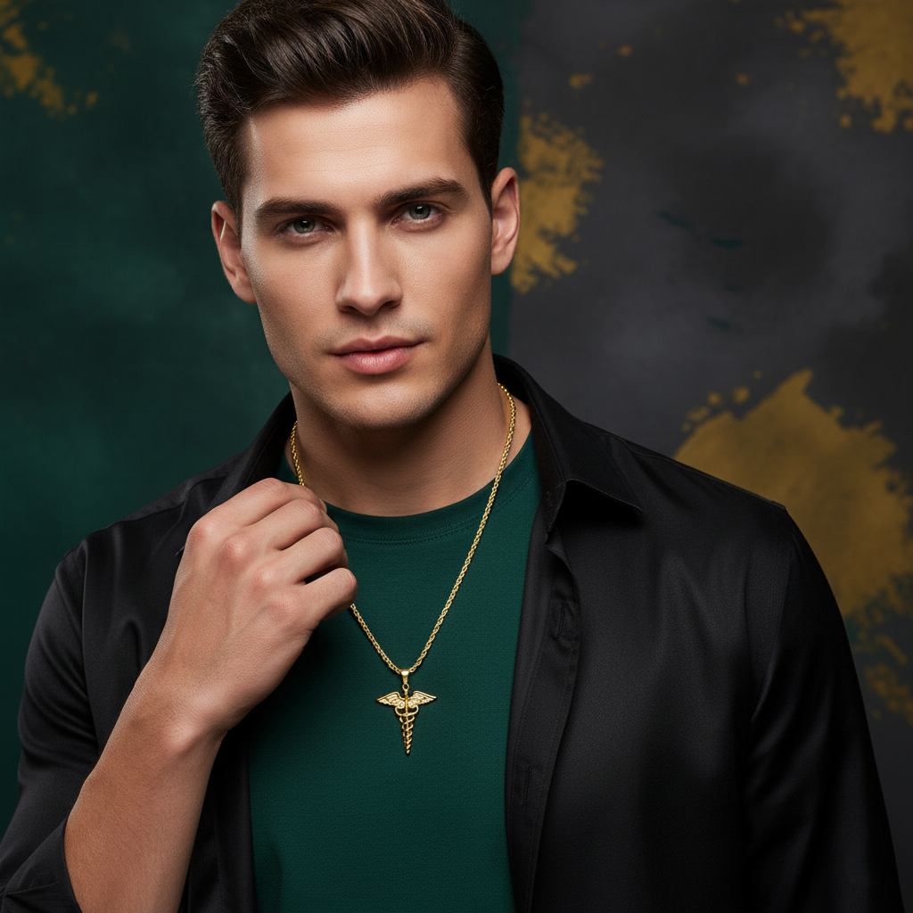 A man wearing a black shirt and green sweater with a Gold caduceus pendant necklace featuring a pendant against a dark background.