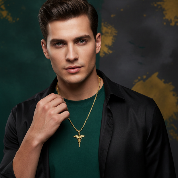 A man wearing a black shirt and green sweater with a Gold caduceus pendant necklace featuring a pendant against a dark background.