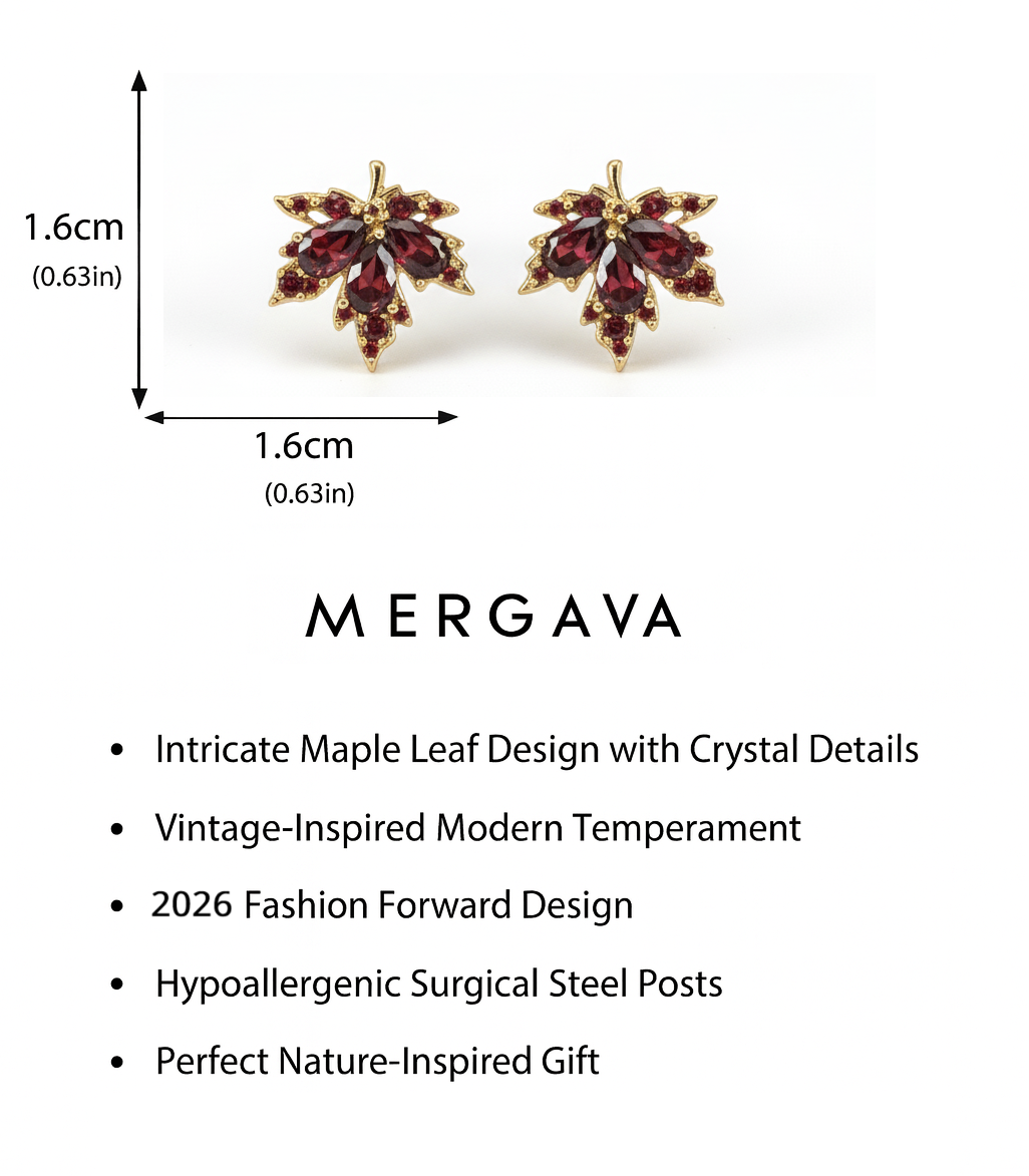 Maple leaf earrings with crystal details by Mergava, shown with measurements and product features.