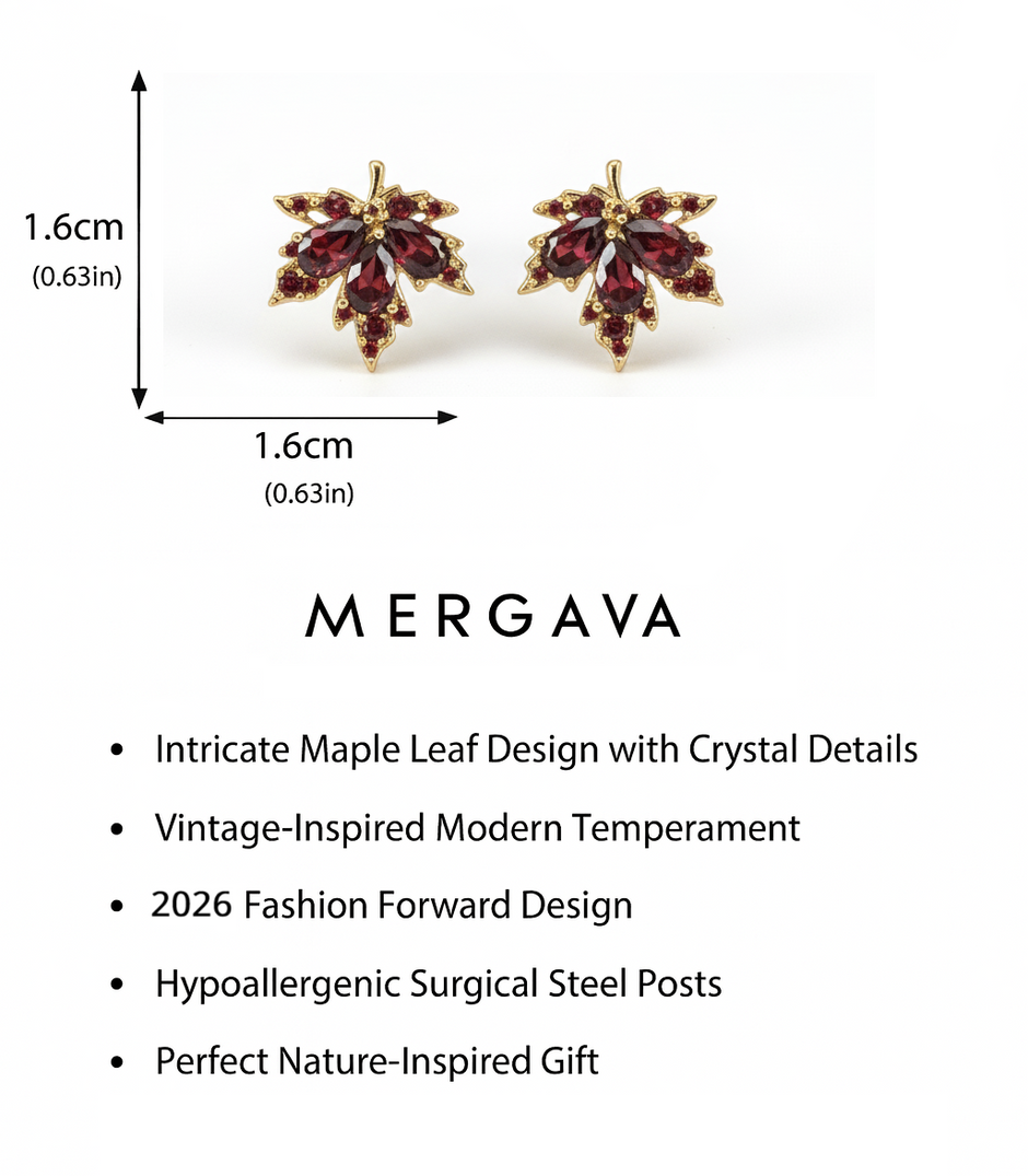 Maple leaf earrings with crystal details by Mergava, shown with measurements and product features.