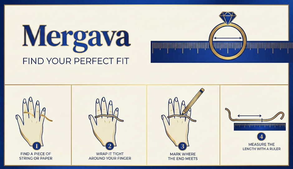 Mergava ring size finder guide with illustrations and text on a white background