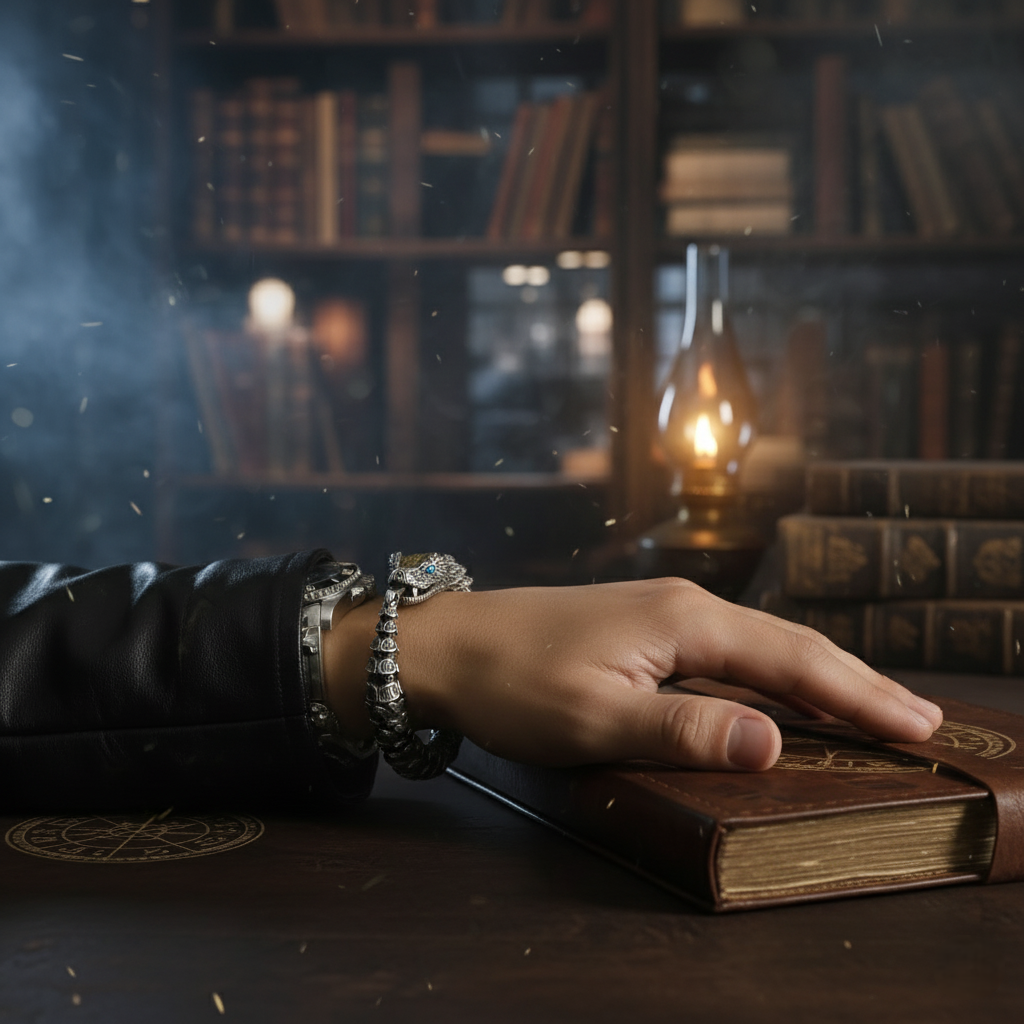 Hand with bracelets on a wooden book in a dimly lit room with books and a lamp.