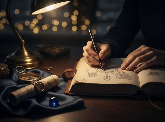 Person drawing in an open book with a lamp and compass on a table