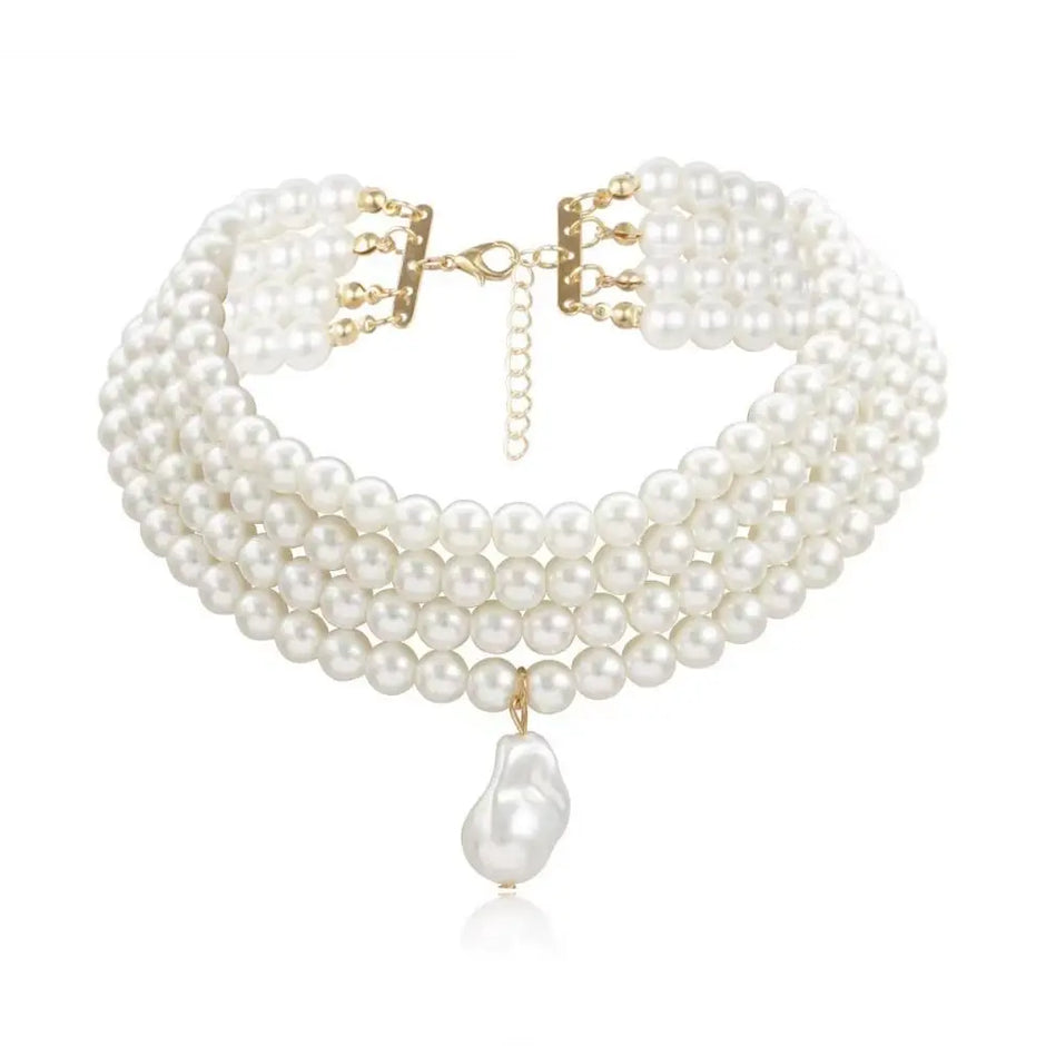 a choker-style necklace made of four rows of small, round white pearls. It has a gold-toned clasp at the back and a single, larger, teardrop-shaped white pearl pendant hanging from the center front.