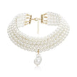 a choker-style necklace made of four rows of small, round white pearls. It has a gold-toned clasp at the back and a single, larger, teardrop-shaped white pearl pendant hanging from the center front.
