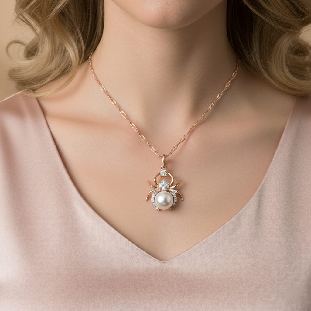 Necklace with a pendant featuring a pearl on a model wearing a pink top.