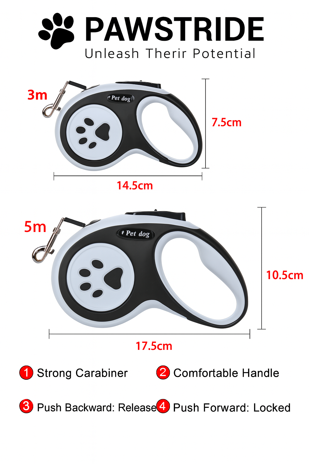 pet leash with dimensions and features on a white background