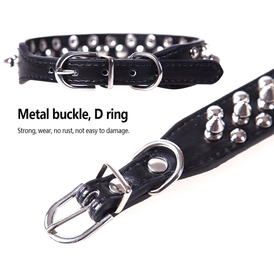 Black leather dog collar with metal buckles and studs on a white background