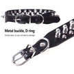 Black leather dog collar with metal buckles and studs on a white background