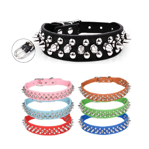 Set of colorful studded dog collars with a close-up of a black collar with studs on a white background.