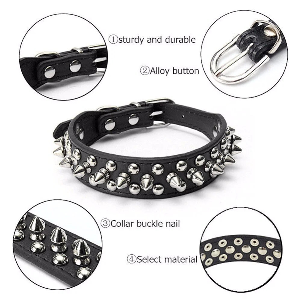 Black leather dog collar with spikes and studs, showing sturdiness, alloy button, collar buckle nail, and material details.