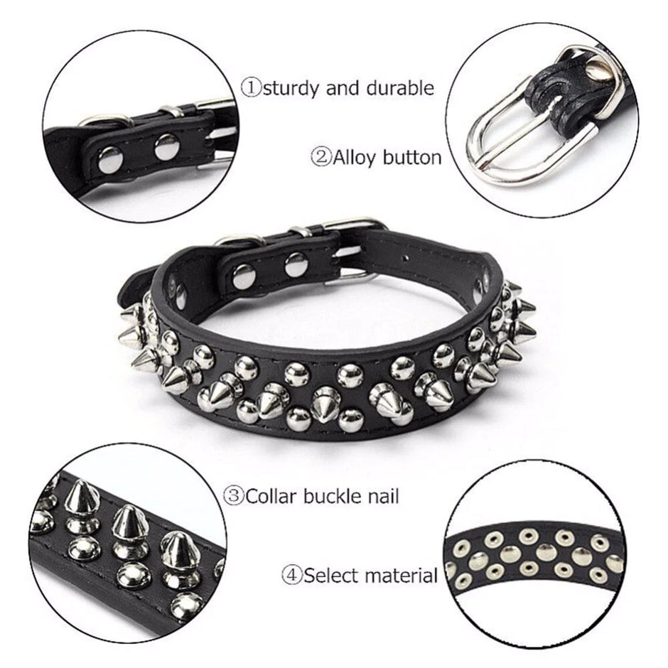 Black leather dog collar with spikes and studs, showing sturdiness, alloy button, collar buckle nail, and material details.