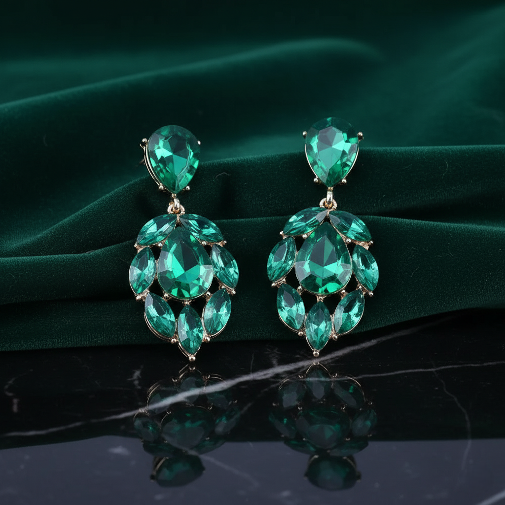 Pair of emerald green earrings on a dark green fabric background