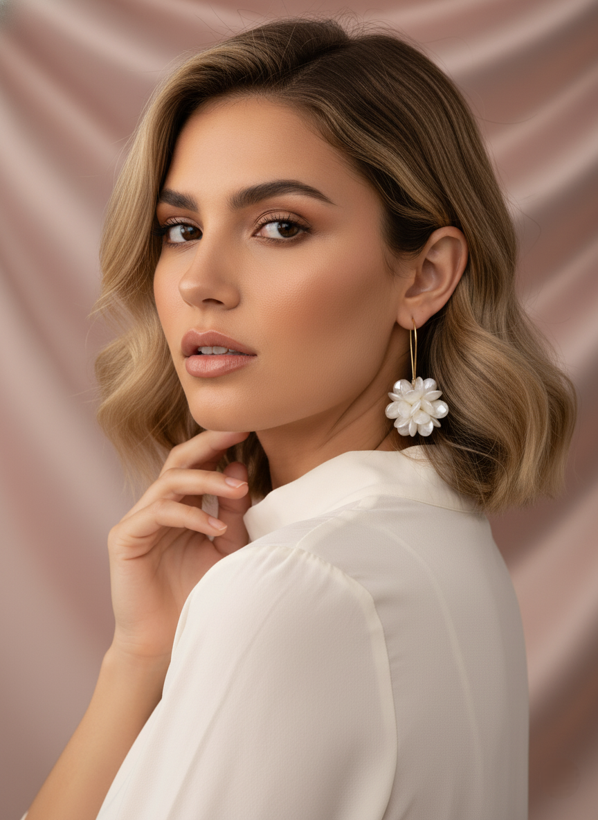 Woman wearing a white blouse and floral earrings against a pink background
