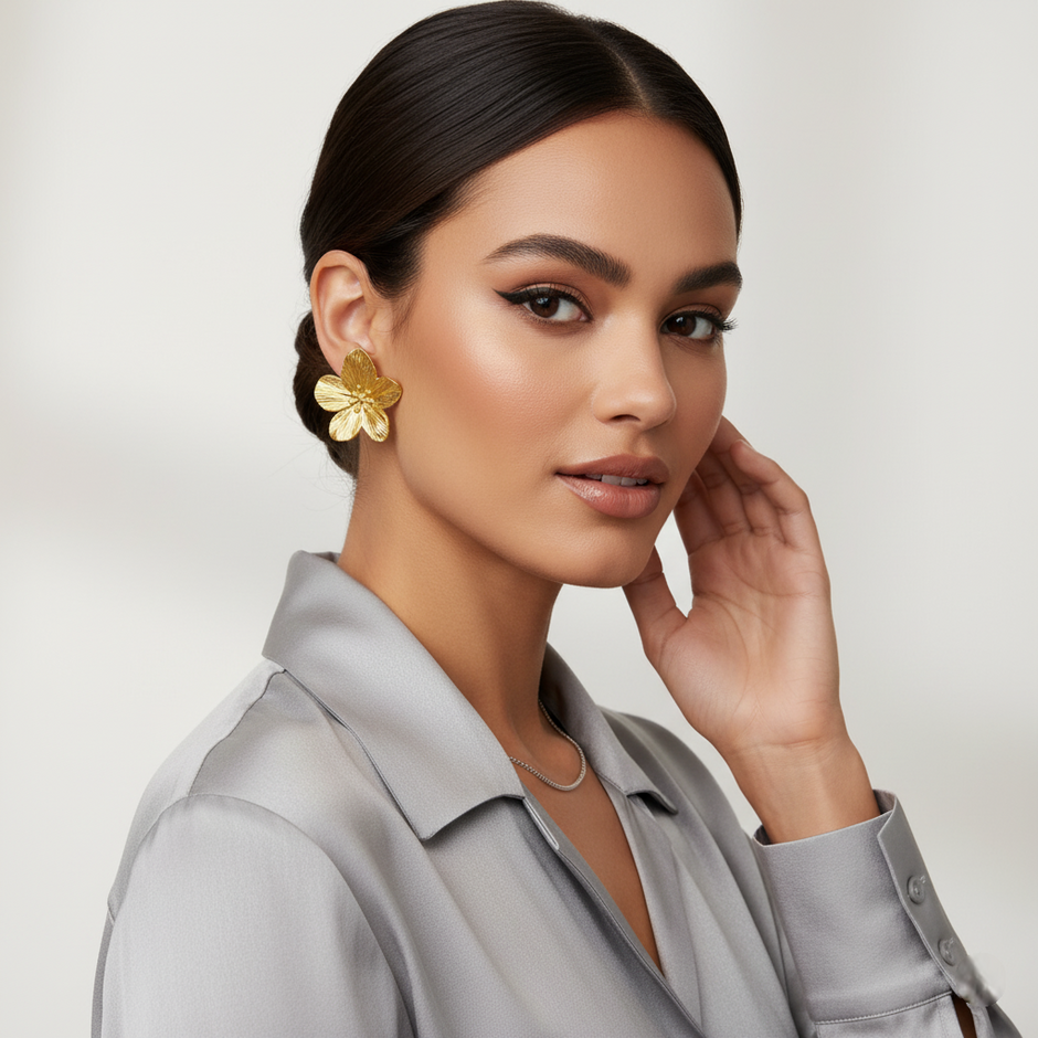 Woman wearing gold earrings with a neutral background