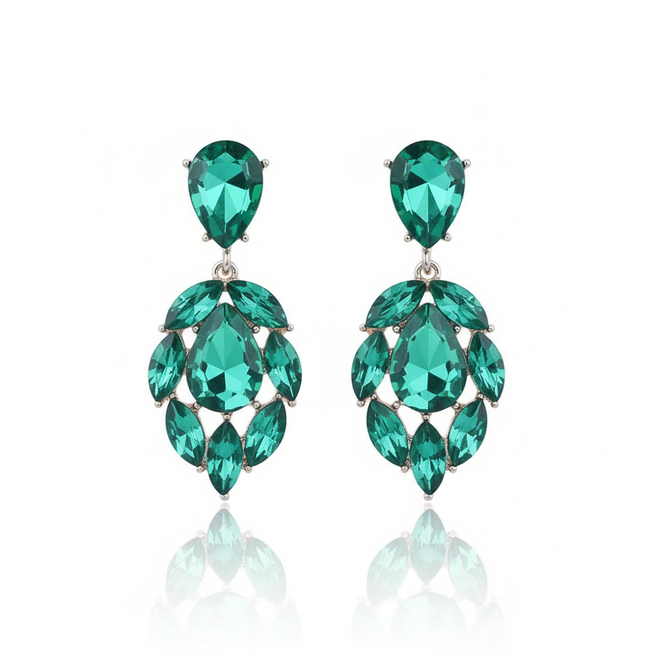 Pair of green teardrop earrings  on a white background