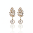 Pair of pearl earrings with gold accents on a white background