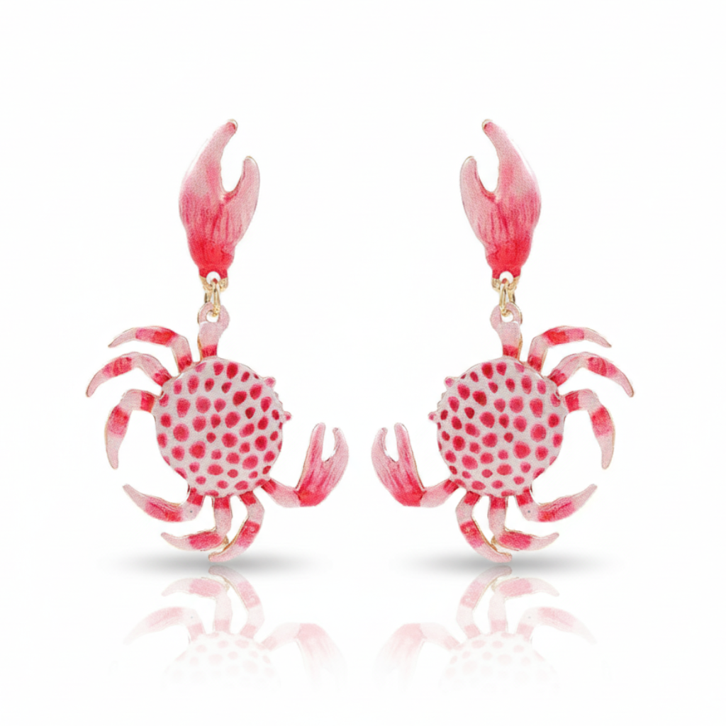 Pair of pink crab-shaped earrings on a white background