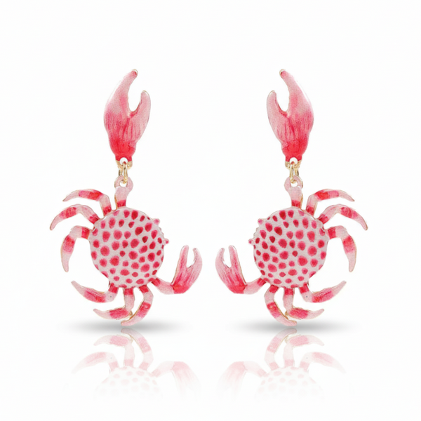 Pair of pink crab-shaped earrings on a white background