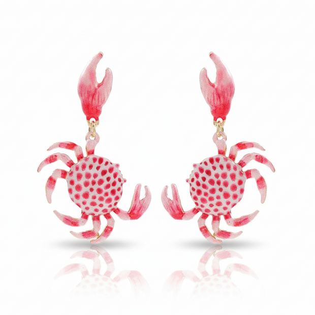 Pair of pink crab-shaped earrings on a white background