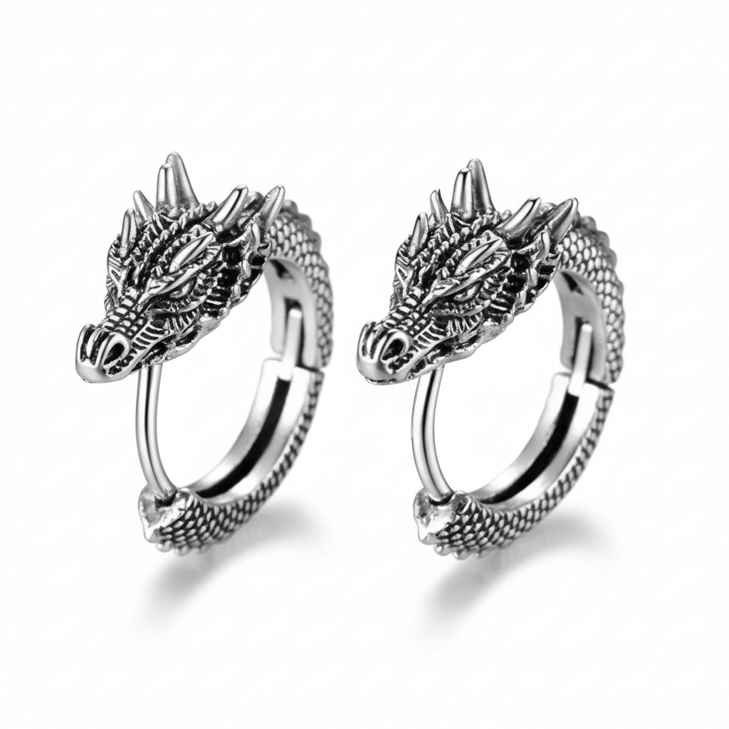 Pair of silver dragon hoop earrings on a white background