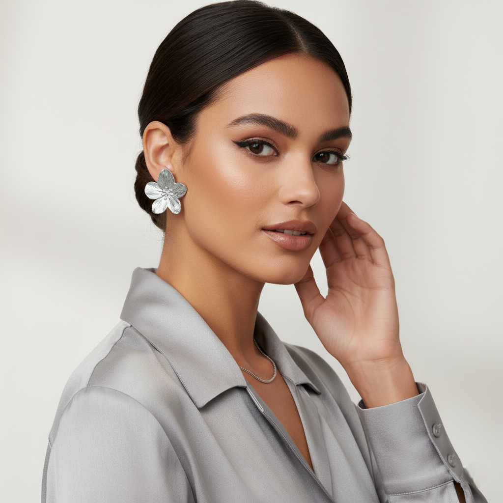 Woman wearing a silver flower earring against a neutral background