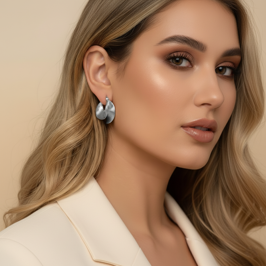 Close-up of a woman wearing silver chunky hoop earrings. with a neutral background