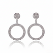 Pair of silver hoop earrings with clear stones on a white background