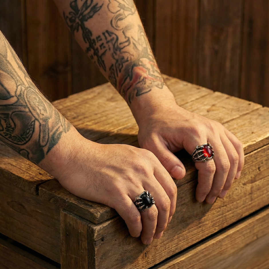 Men's Dragon Claw Ring with genuine red ruby stone - stainless steel gothic jewelry
Bold black onyx dragon claw ring for men - aggressive statement ring design