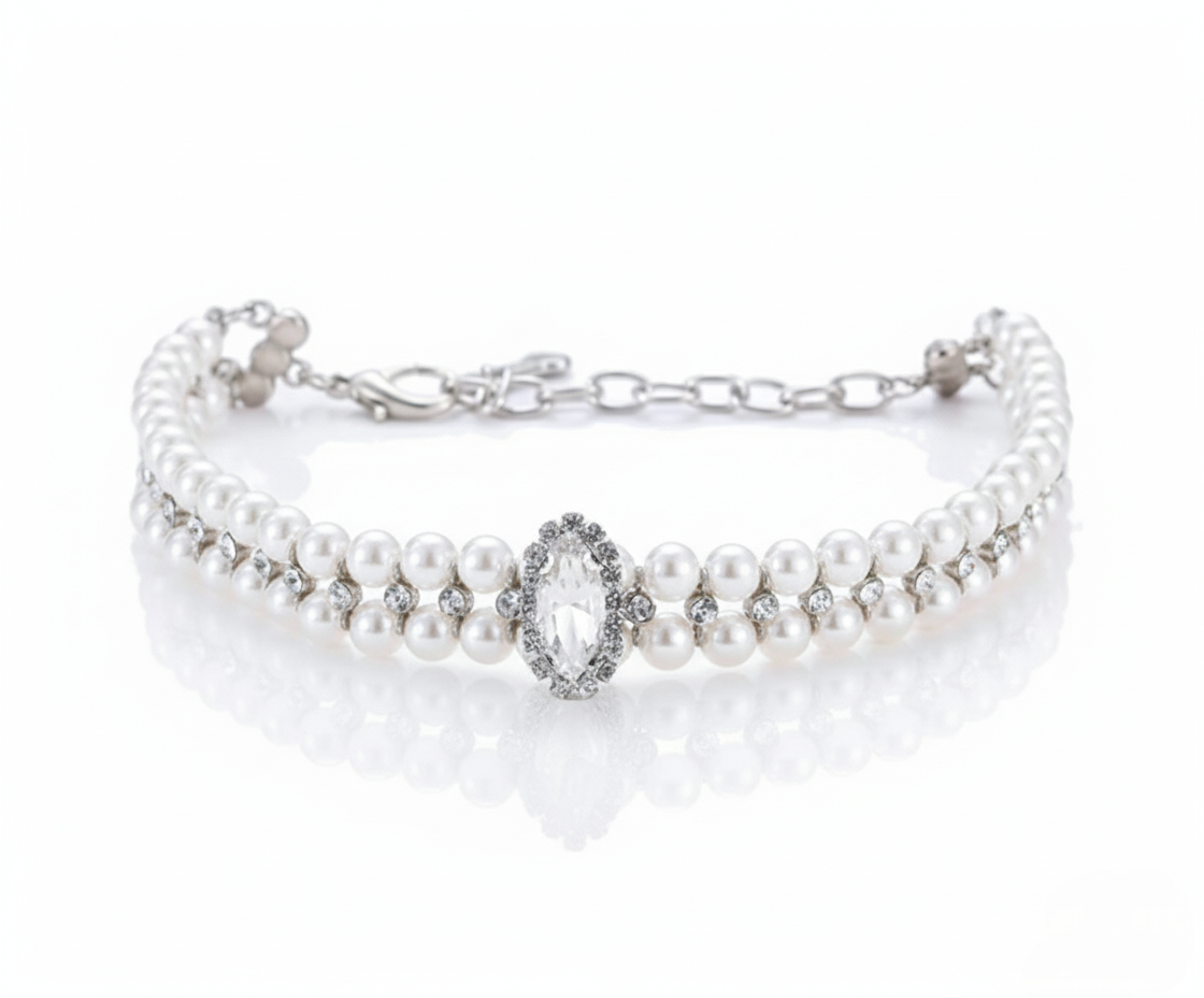 Pearl choker collars with a silver clasp on a white background