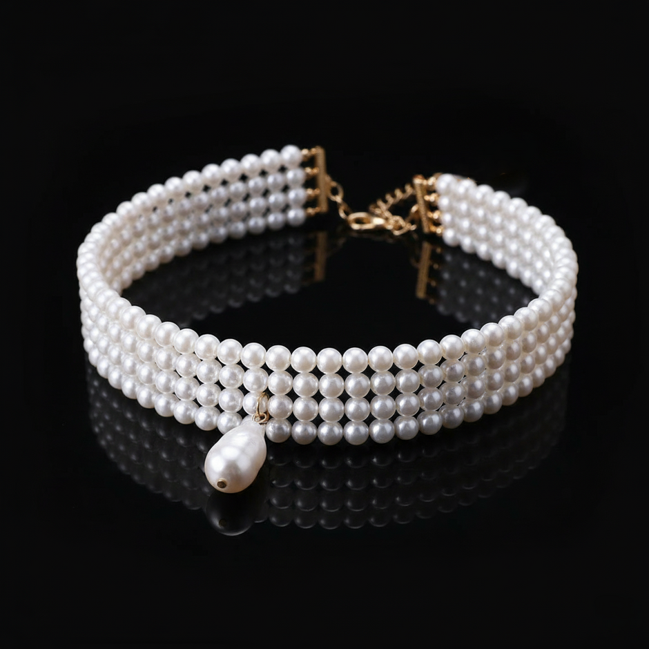 The image displays a choker-style necklace made of four rows of small, round white pearls. It has a gold-toned clasp at the back and a single, larger, teardrop-shaped white pearl pendant hanging from the center front.